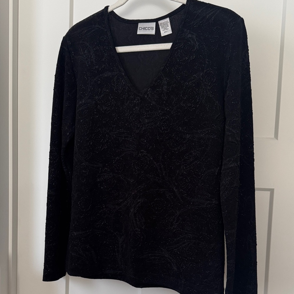 Chico's Elegant Black Textured Top, Holiday, Christmas Size1(10)
